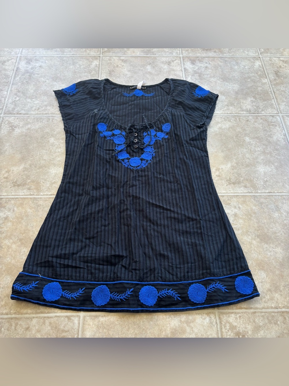 Free People Black Midi Dress with Royal Blue Floral Appliqué